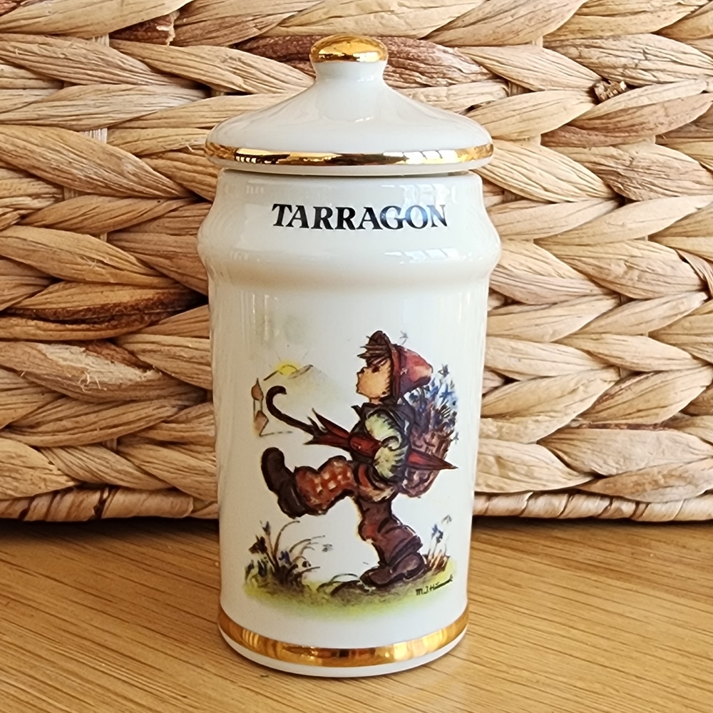 Vintage Style M.J. Hummel Tarragon Spice Jar with Gold Accents
